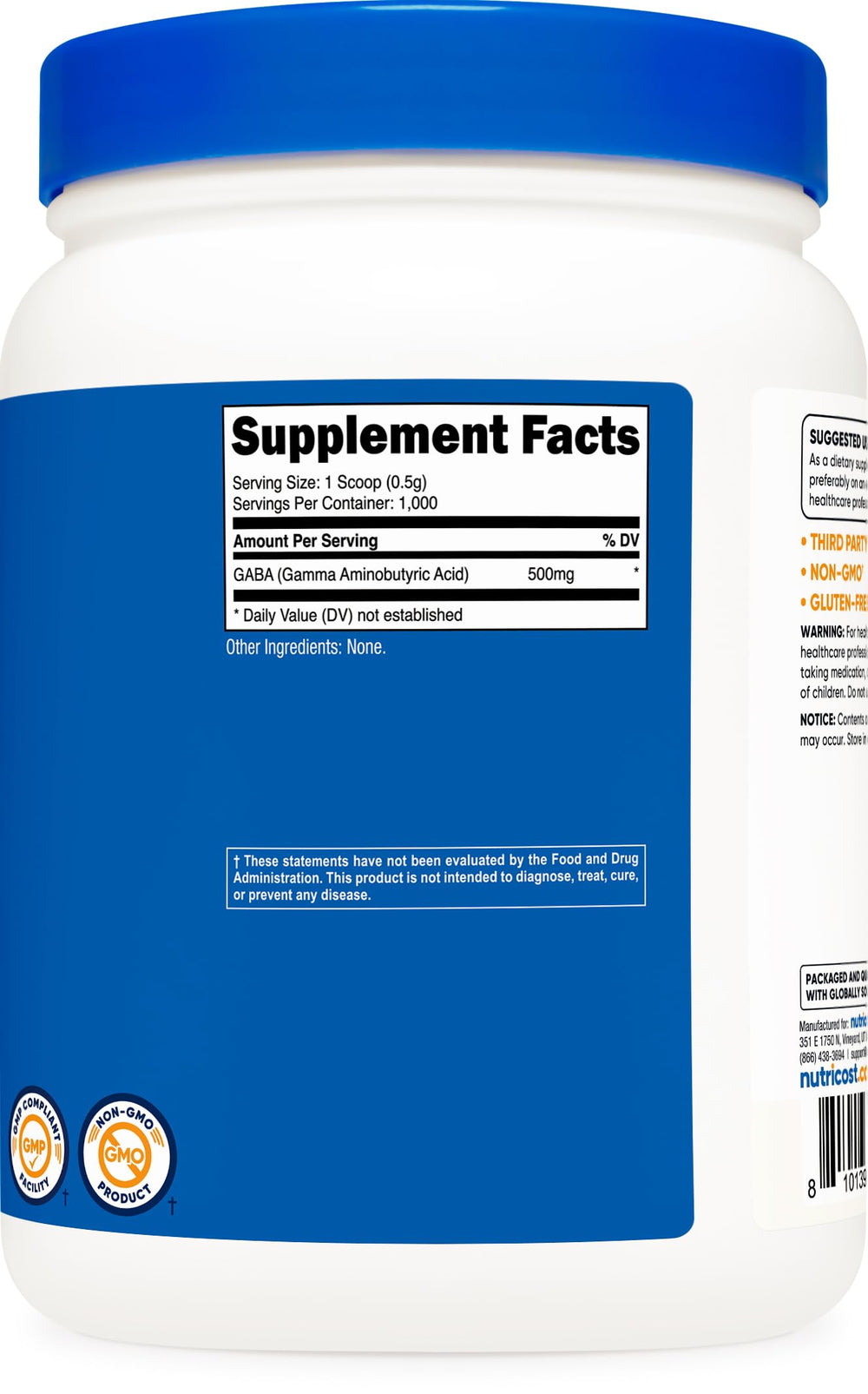 Nutricost Pure GABA 500G non-GMO label signaling ingredient integrity