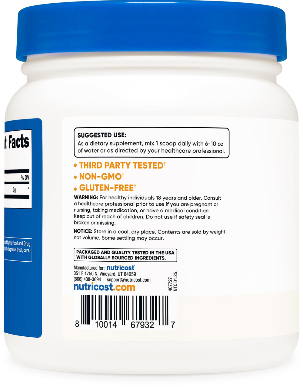 Nutricost L-Citrulline base powder container signaling 600 g supply
