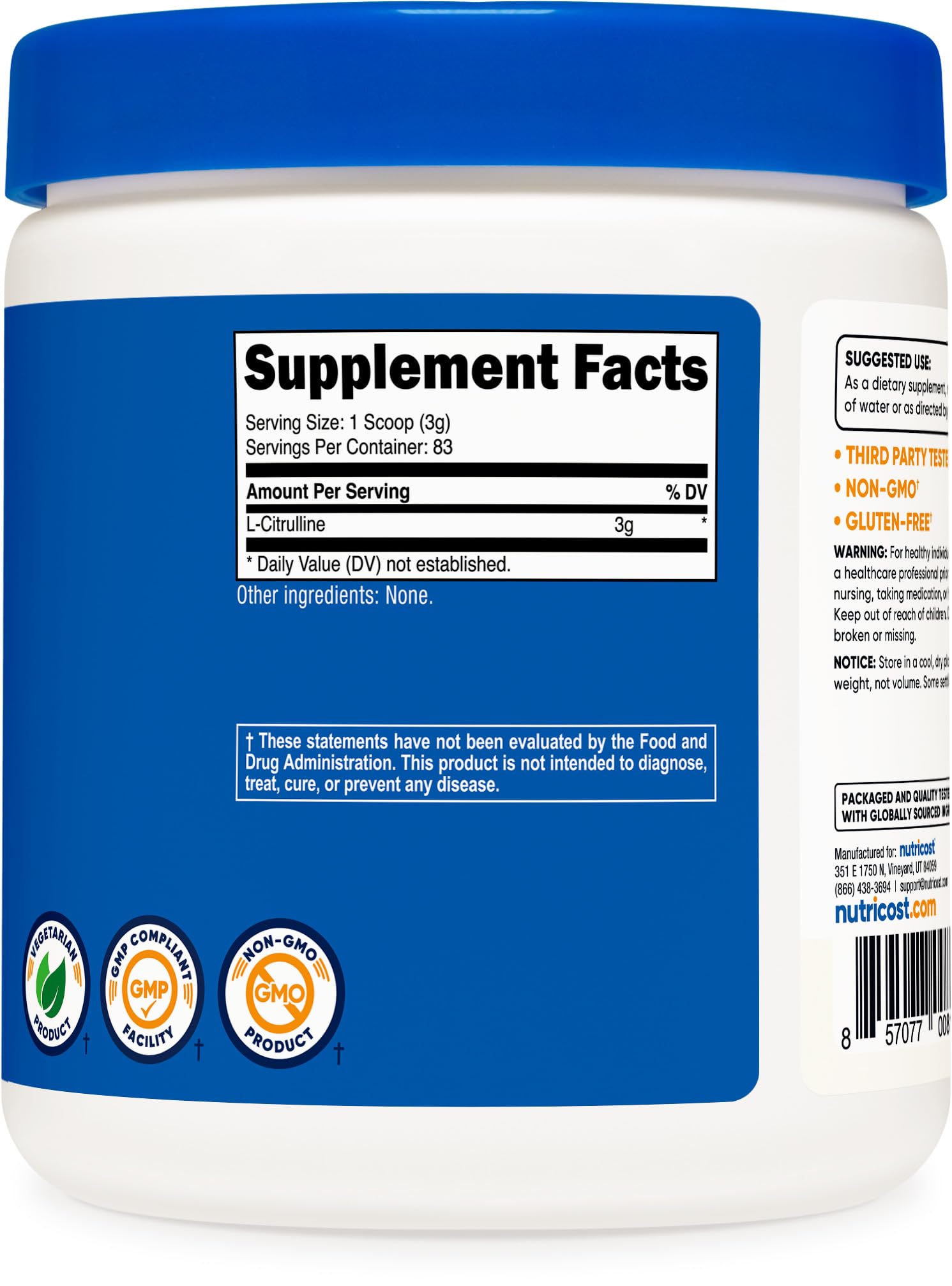 Nutricost Pure L-Citrulline base nutrition label close-up
