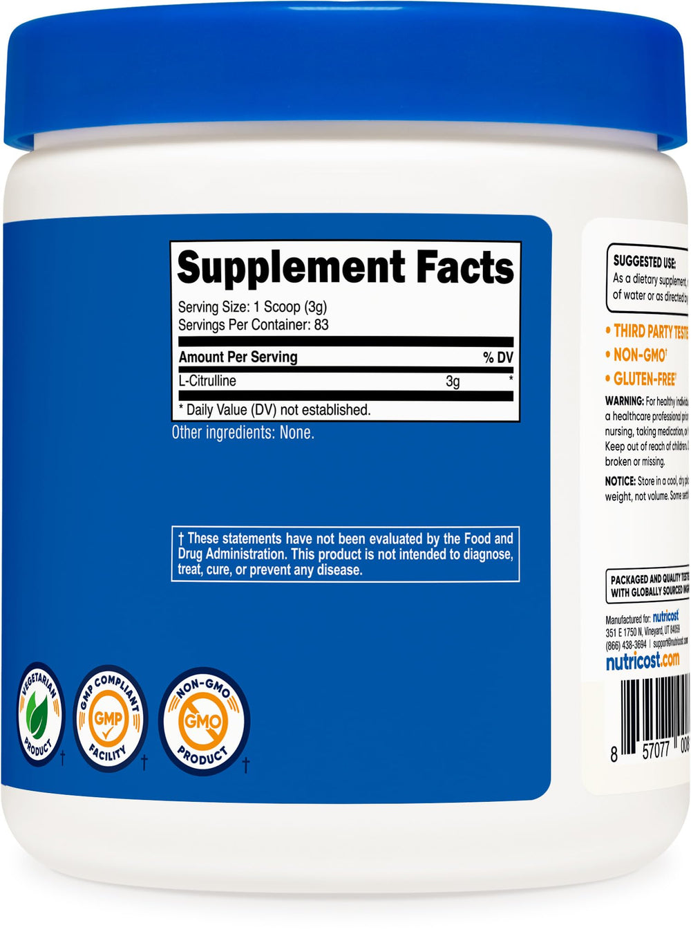 Nutricost Pure L-Citrulline base nutrition label close-up