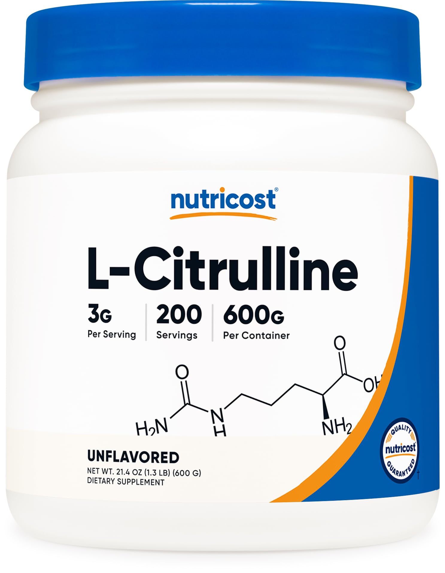 Nutricost Pure L-Citrulline base powder bottle for clean daily supplementation