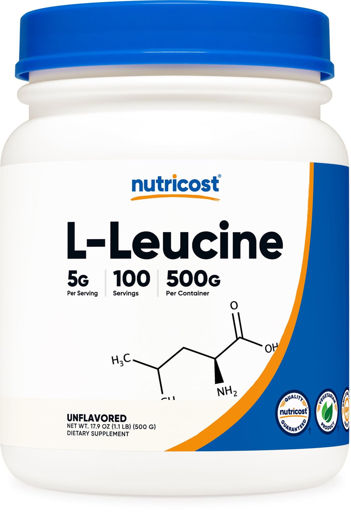 Nutricost Pure L-Leucine Powder bottle shows 500 g serving for training support