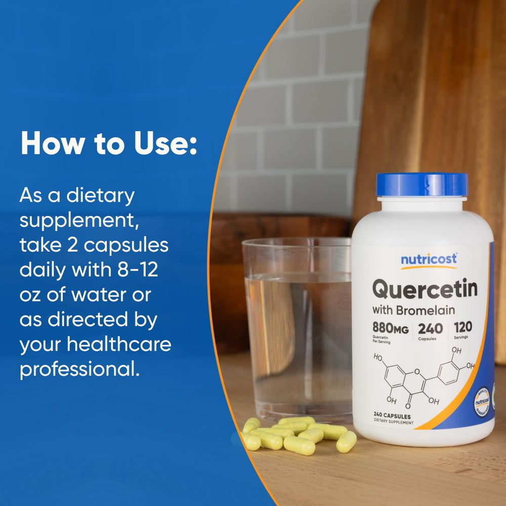 Nutricost Quercetin 880mg bottle beside glass of water; easy daily dosing.