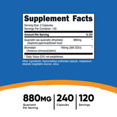 Nutricost Quercetin 880mg capsules close-up; easy-to-swallow vegetarian form.