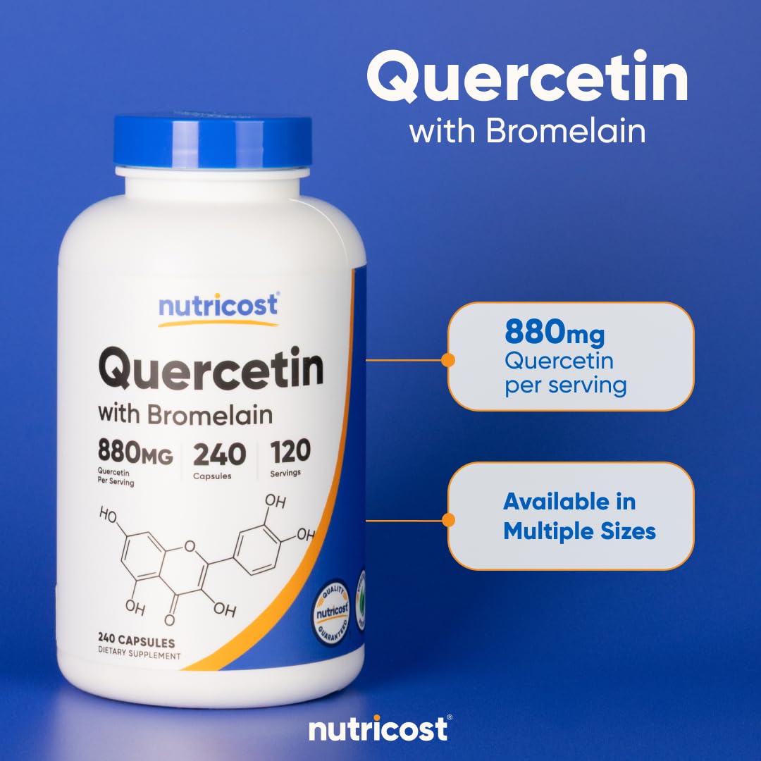 Nutricost Quercetin 880mg capsules on kitchen counter; daily routine.