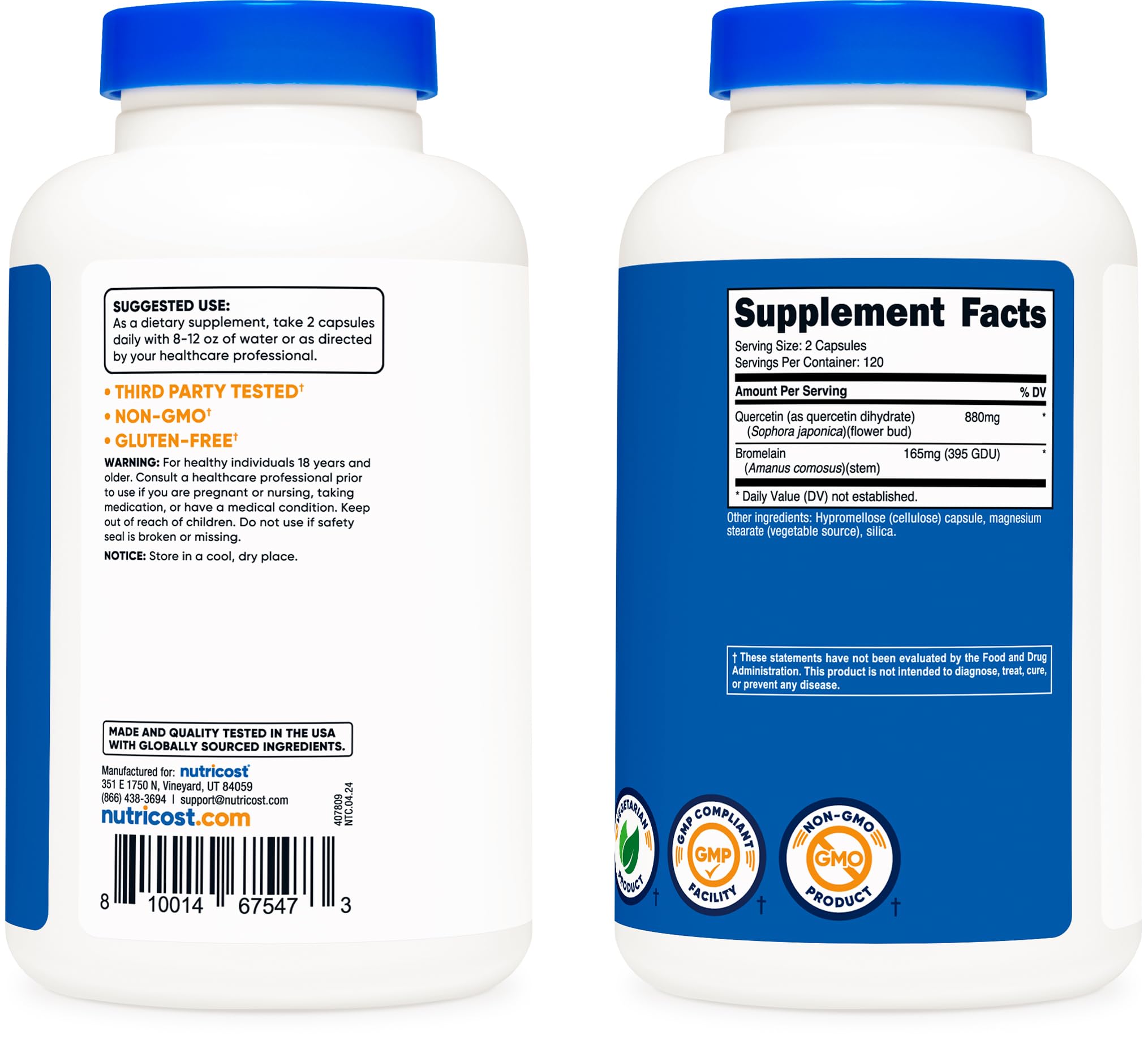 Nutricost Quercetin 880mg label; gluten-free and non-GMO badges.