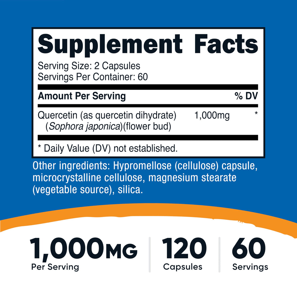 Nutricost Quercetin capsules close-up showing vegetarian capsules for easy swallowing.