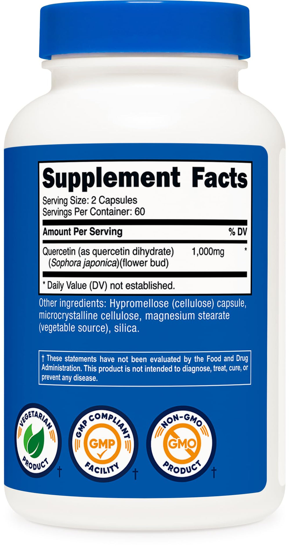 Nutricost Quercetin packaging box emphasizing non-GMO and third-party testing.