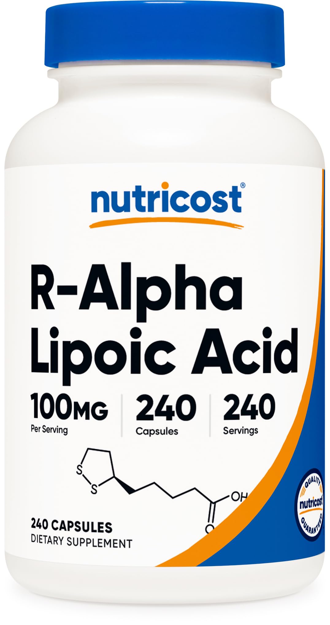This image shows Nutricost R-ALA 100mg capsules for daily use.
