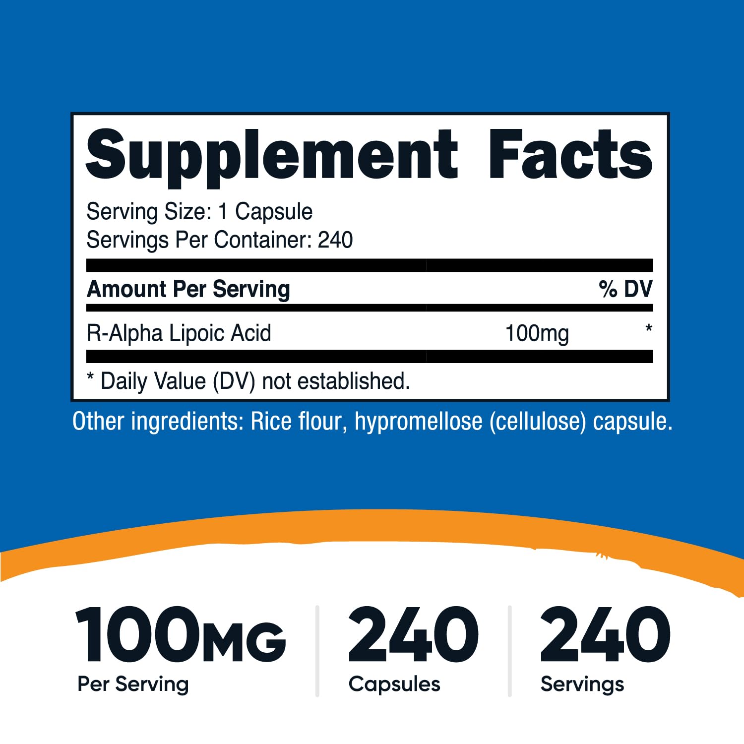 This image highlights Nutricost R-ALA 240-caps bottle with 240 servings.