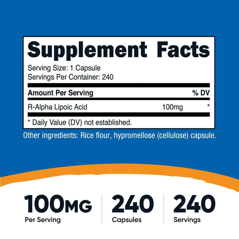 This image highlights Nutricost R-ALA 240-caps bottle with 240 servings.
