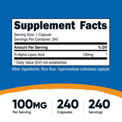 This image highlights Nutricost R-ALA 240-caps bottle with 240 servings.