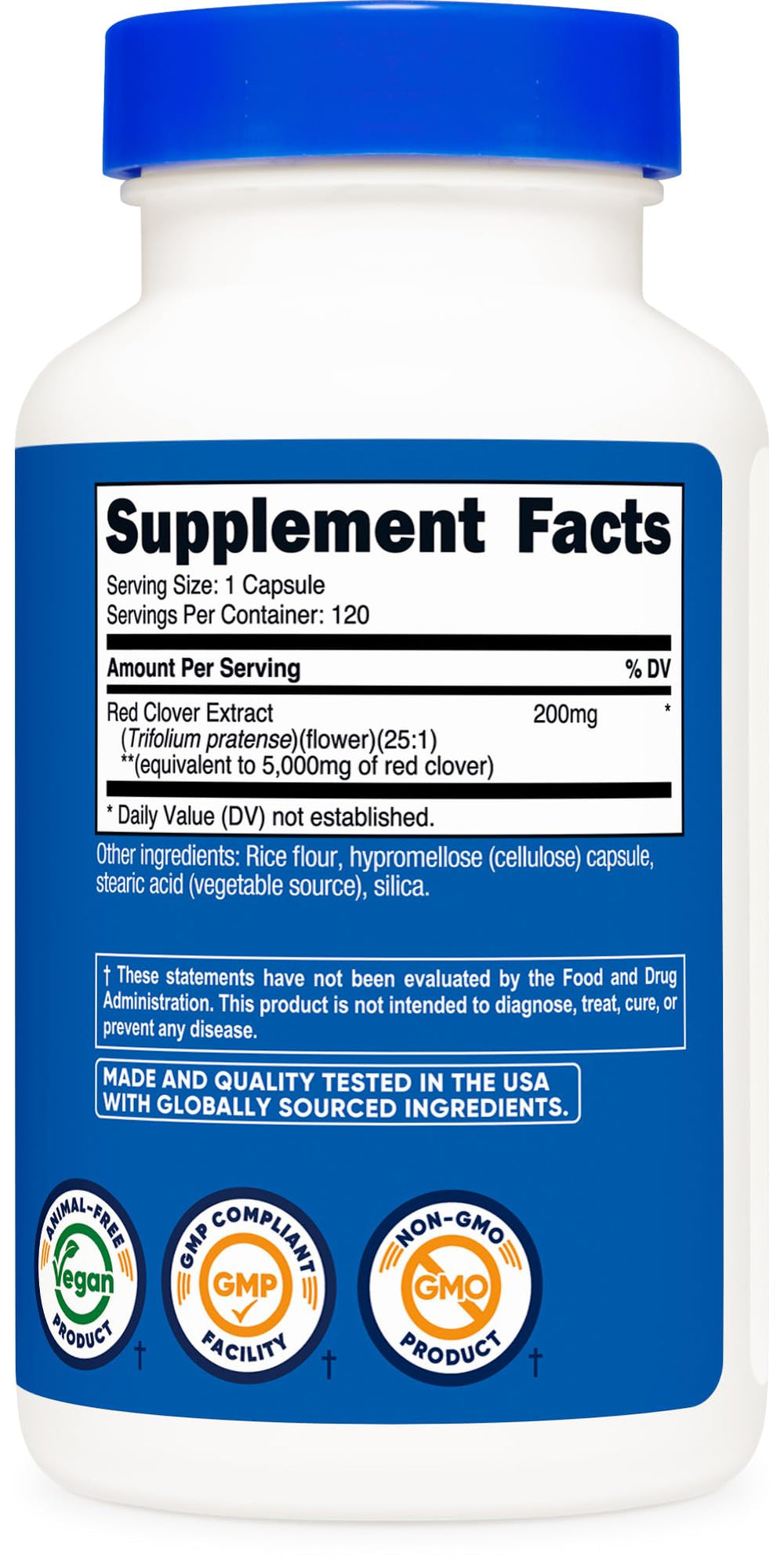 Nutricost Red Clover Blossoms dosage chart emphasizing one capsule per serving