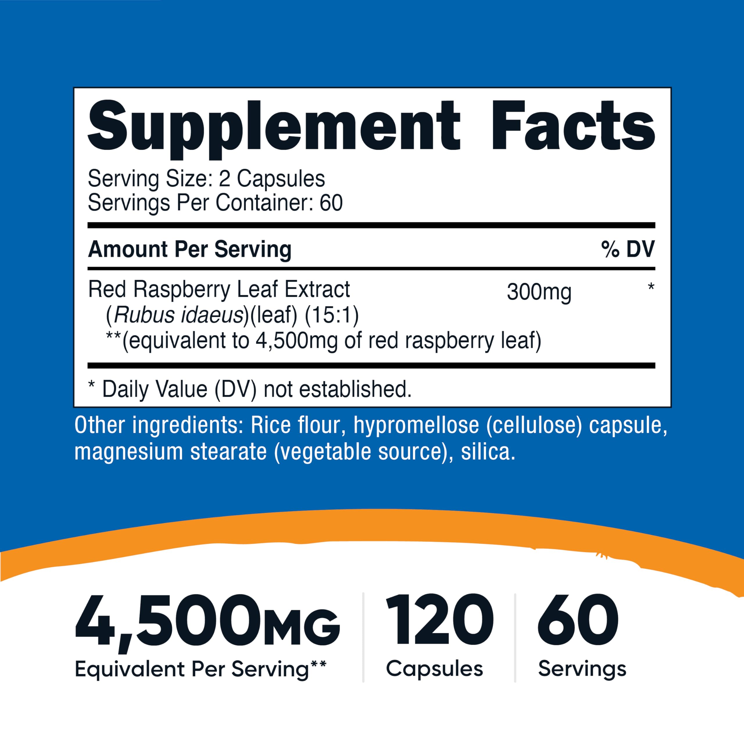Nutricost red raspberry leaf capsules closeup; vegan supplement for daily use.