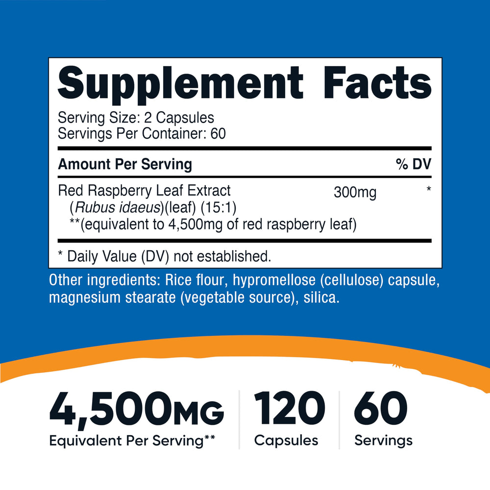 Nutricost red raspberry leaf capsules closeup; vegan supplement for daily use.