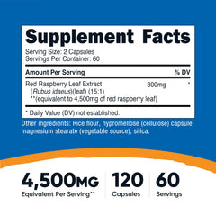Nutricost red raspberry leaf capsules closeup; vegan supplement for daily use.
