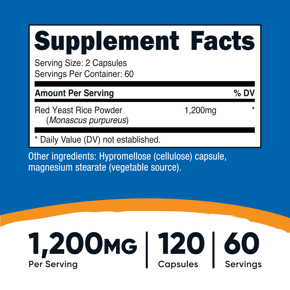 Nutricost Red Yeast Rice capsules close-up showing easy-to-swallow veggie capsules