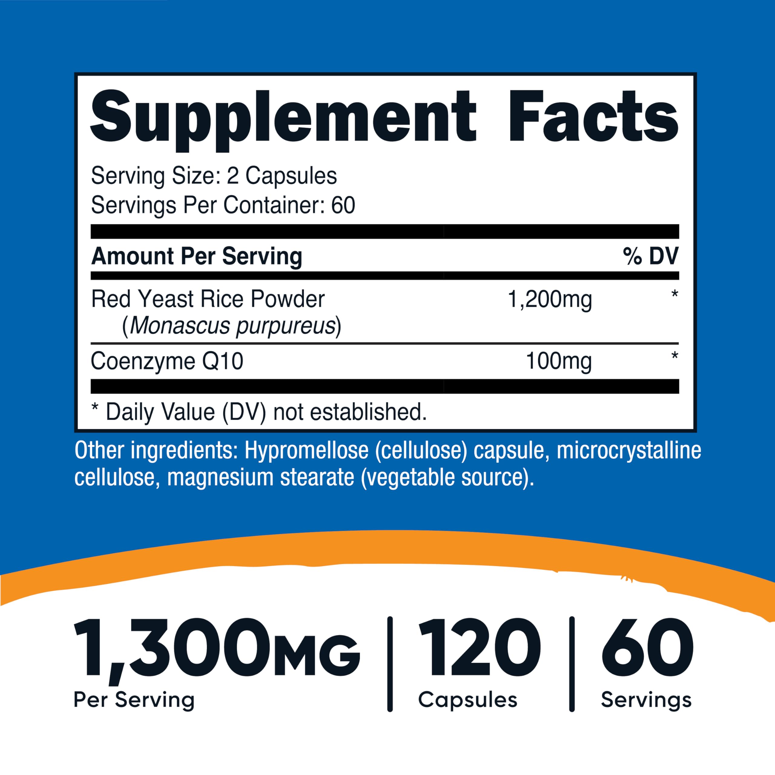 Close-up of Nutricost Red Yeast Rice CoQ10 capsules, easy to swallow.
