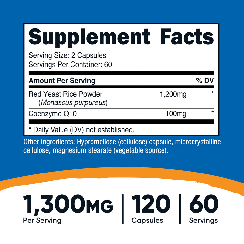 Close-up of Nutricost Red Yeast Rice CoQ10 capsules, easy to swallow.
