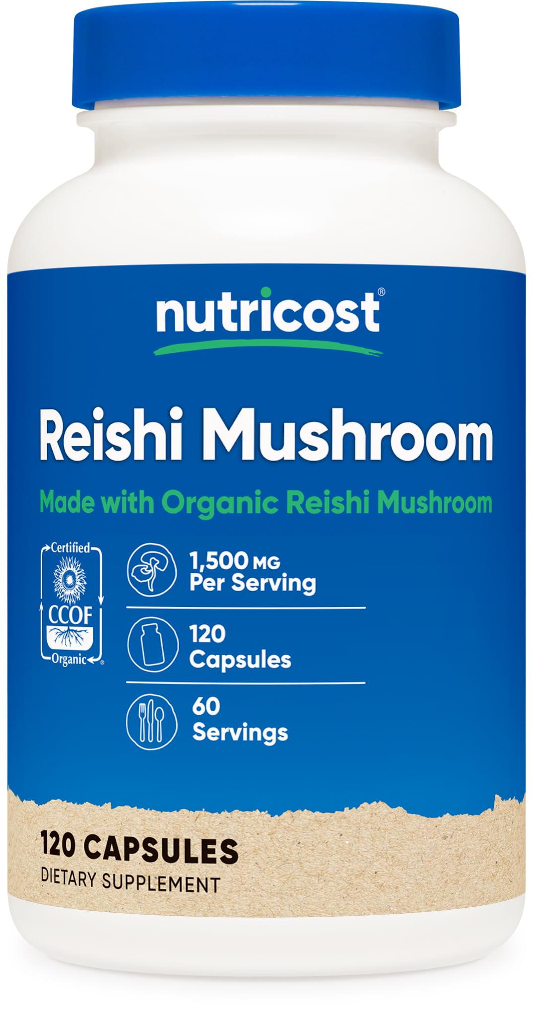 Nutricost Reishi Mushroom Capsules front label with organic certification