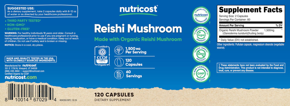 Nutricost Reishi Mushroom Capsules packaging on table for daily use