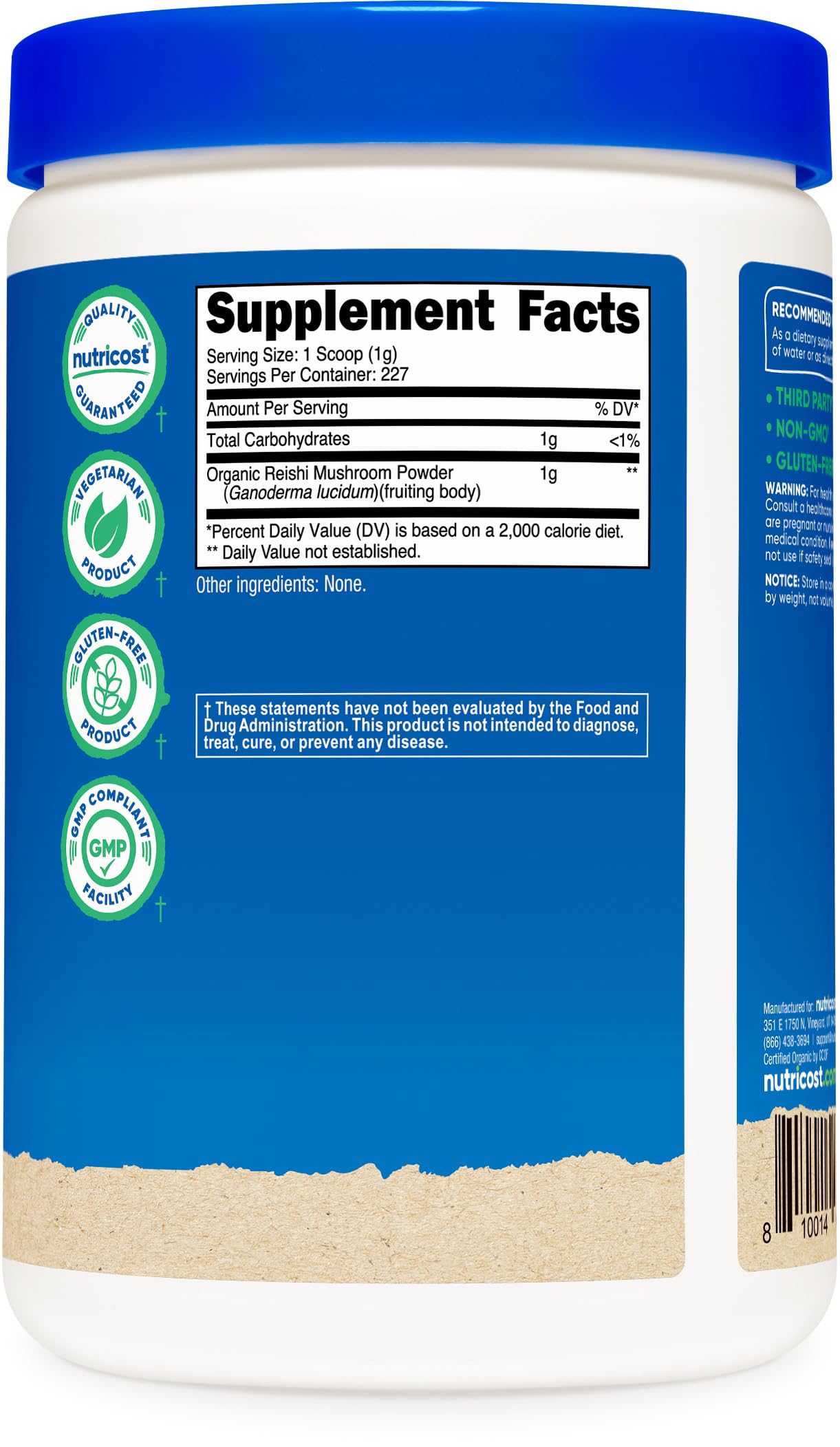 Nutricost Reishi powder nutrition label highlights vegetarian, gluten-free composition.