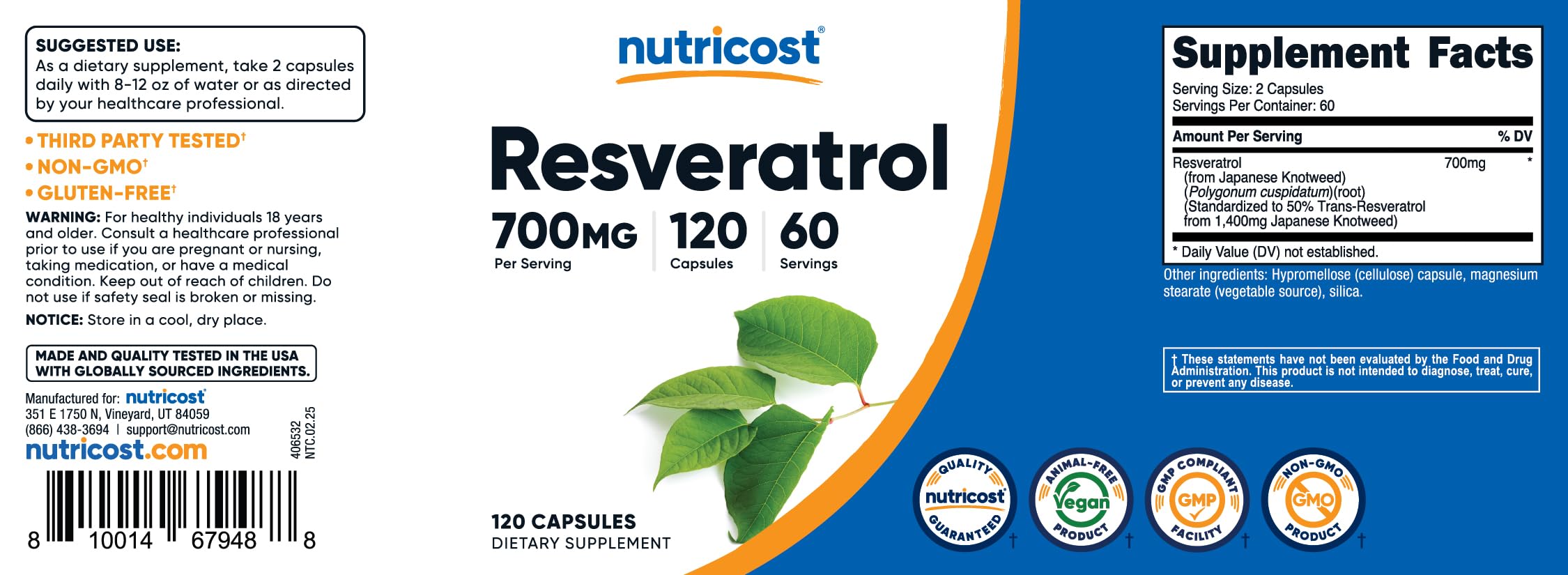 Nutricost Resveratrol packaging featuring NSF GMP and FDA registered seals.