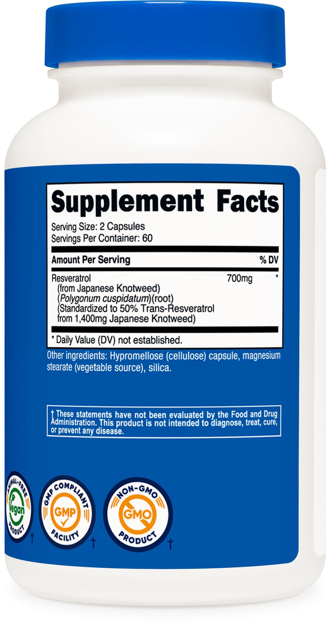 Nutricost Resveratrol vegan capsules highlight gluten-free, non-GMO formula.