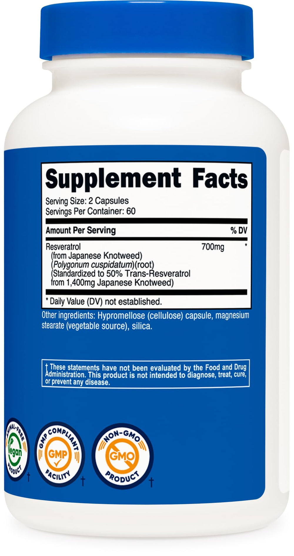 Nutricost Resveratrol vegan capsules highlight gluten-free, non-GMO formula.
