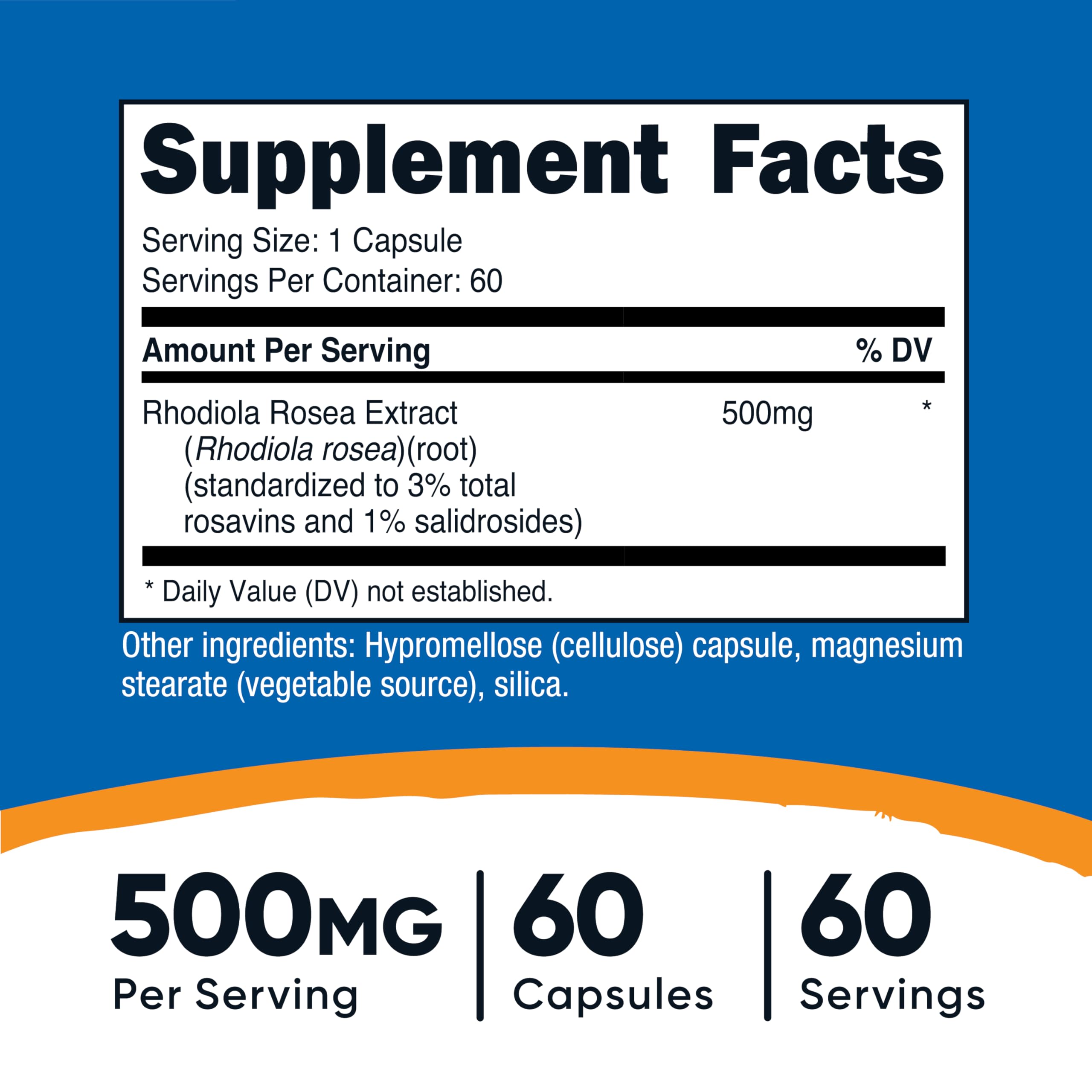 Nutricost Rhodiola Rosea capsules close-up, easy-to-swallow vegetarian capsules.
