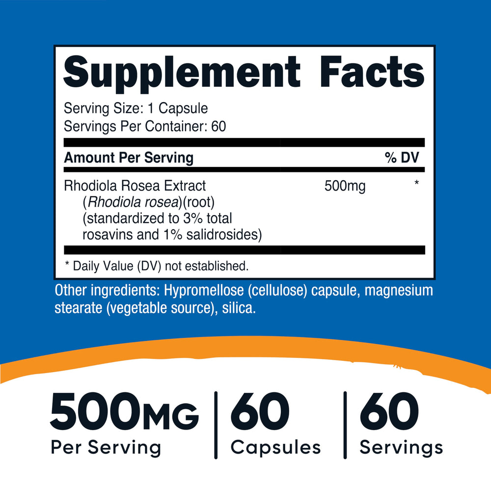 Nutricost Rhodiola Rosea capsules close-up, easy-to-swallow vegetarian capsules.