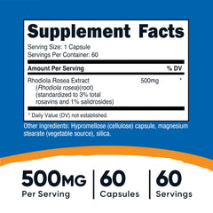 Nutricost Rhodiola Rosea capsules close-up, easy-to-swallow vegetarian capsules.