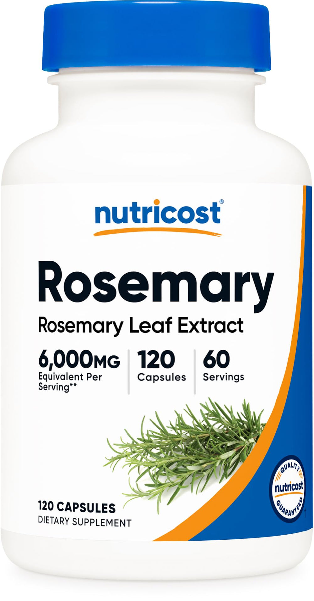 Nutricost Rosemary Extract bottle label close-up; convenient vegan capsules for daily wellness.