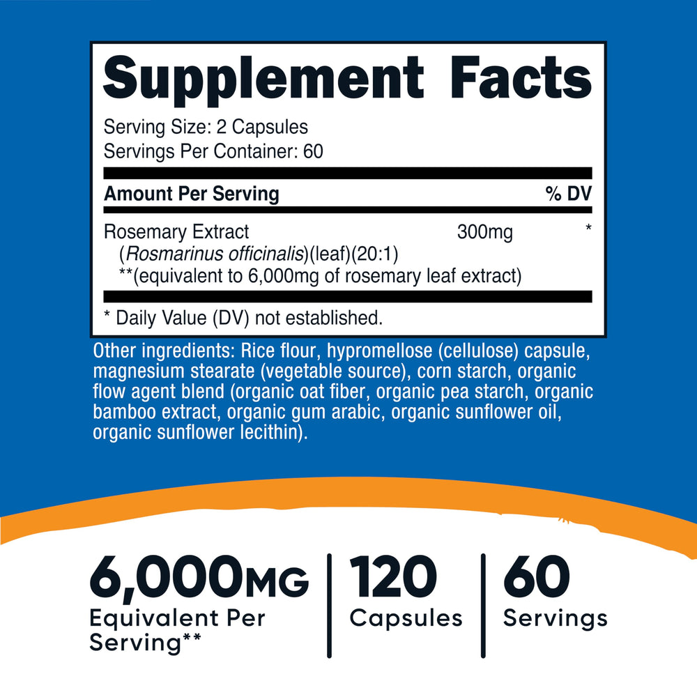 Nutricost Rosemary Extract capsules close-up; 60-day vegan supply supports easy daily routines.