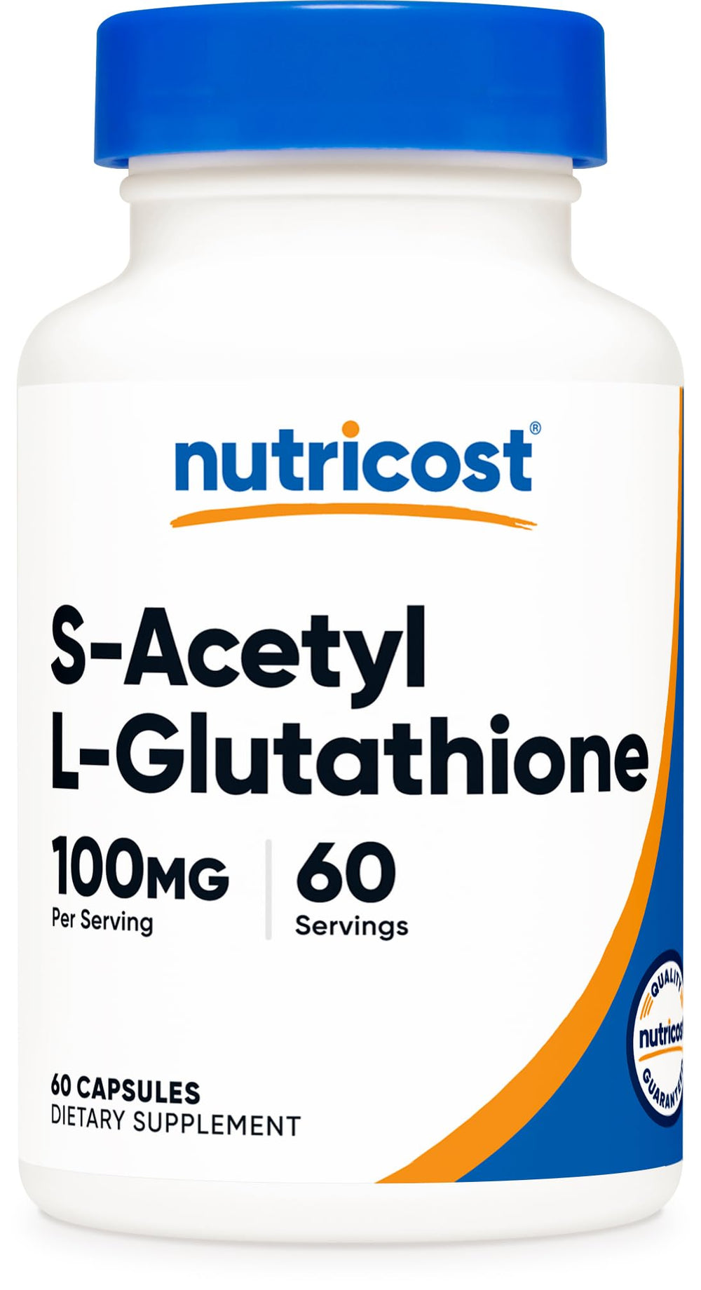 Nutricost S-Acetyl L-Glutathione 100mg bottle front view for daily vegan wellness.