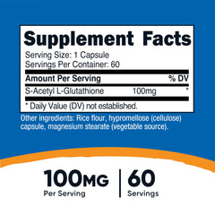 Nutricost S-Acetyl L-Glutathione 100mg capsules close-up for vegan supplement.