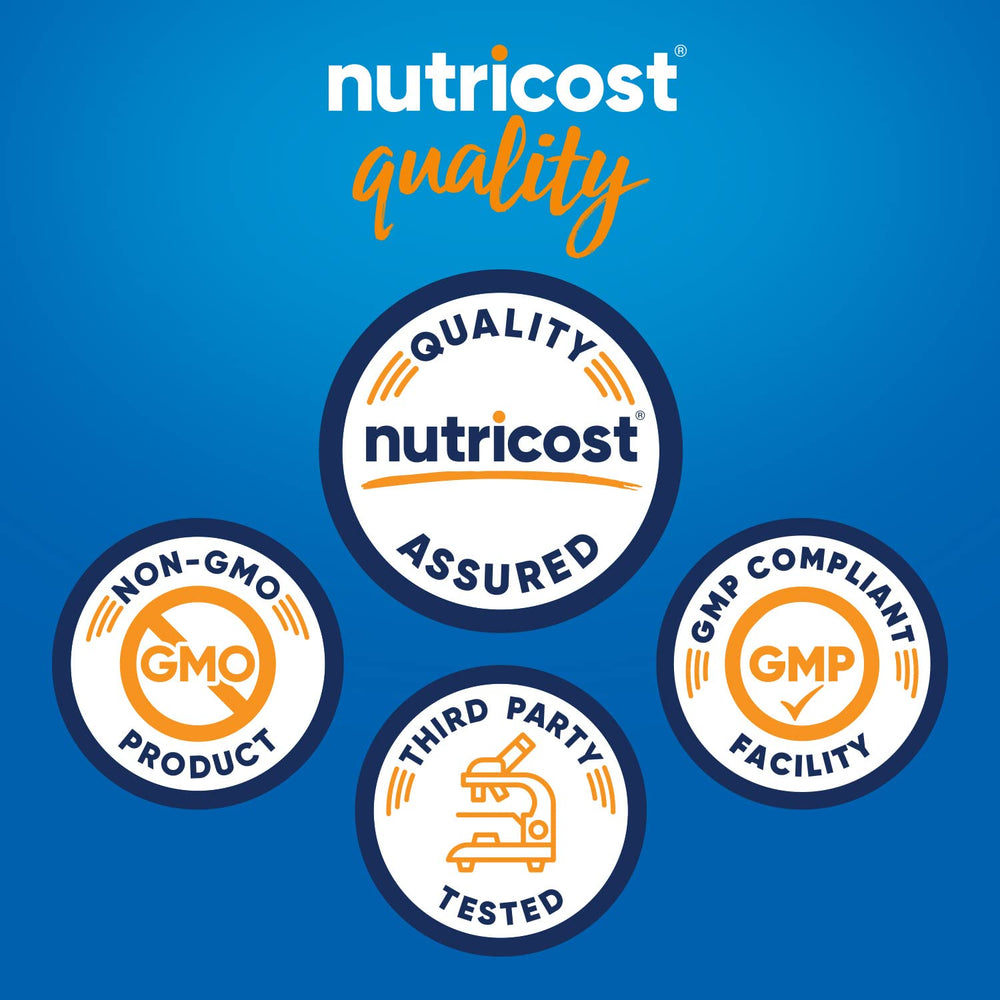 Nutricost S-Acetyl L-Glutathione 100mg vegan label highlighting GMO-free claim.