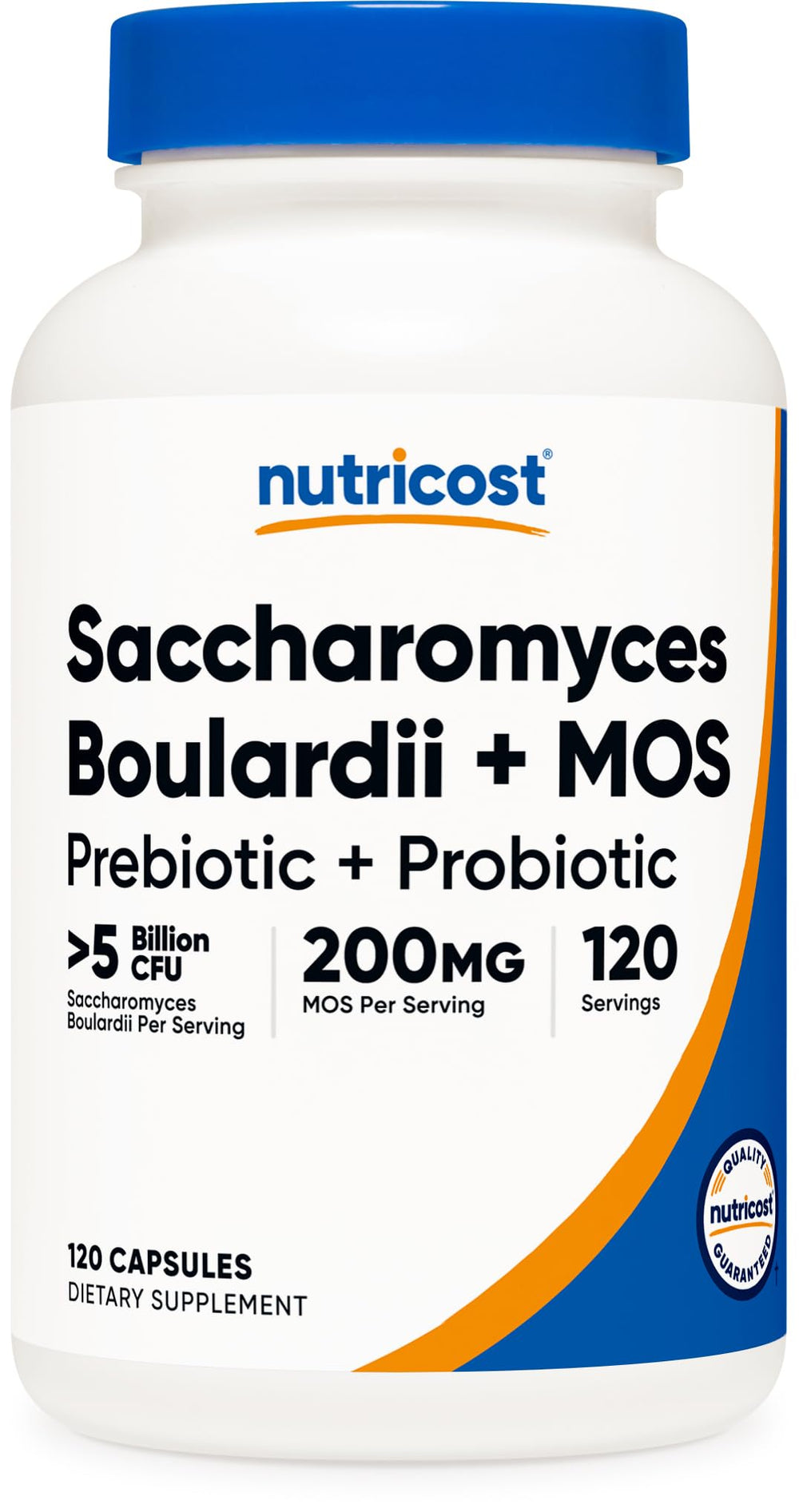 Nutricost Saccharomyces boulardii + MOS capsules bottle highlights gut support option.