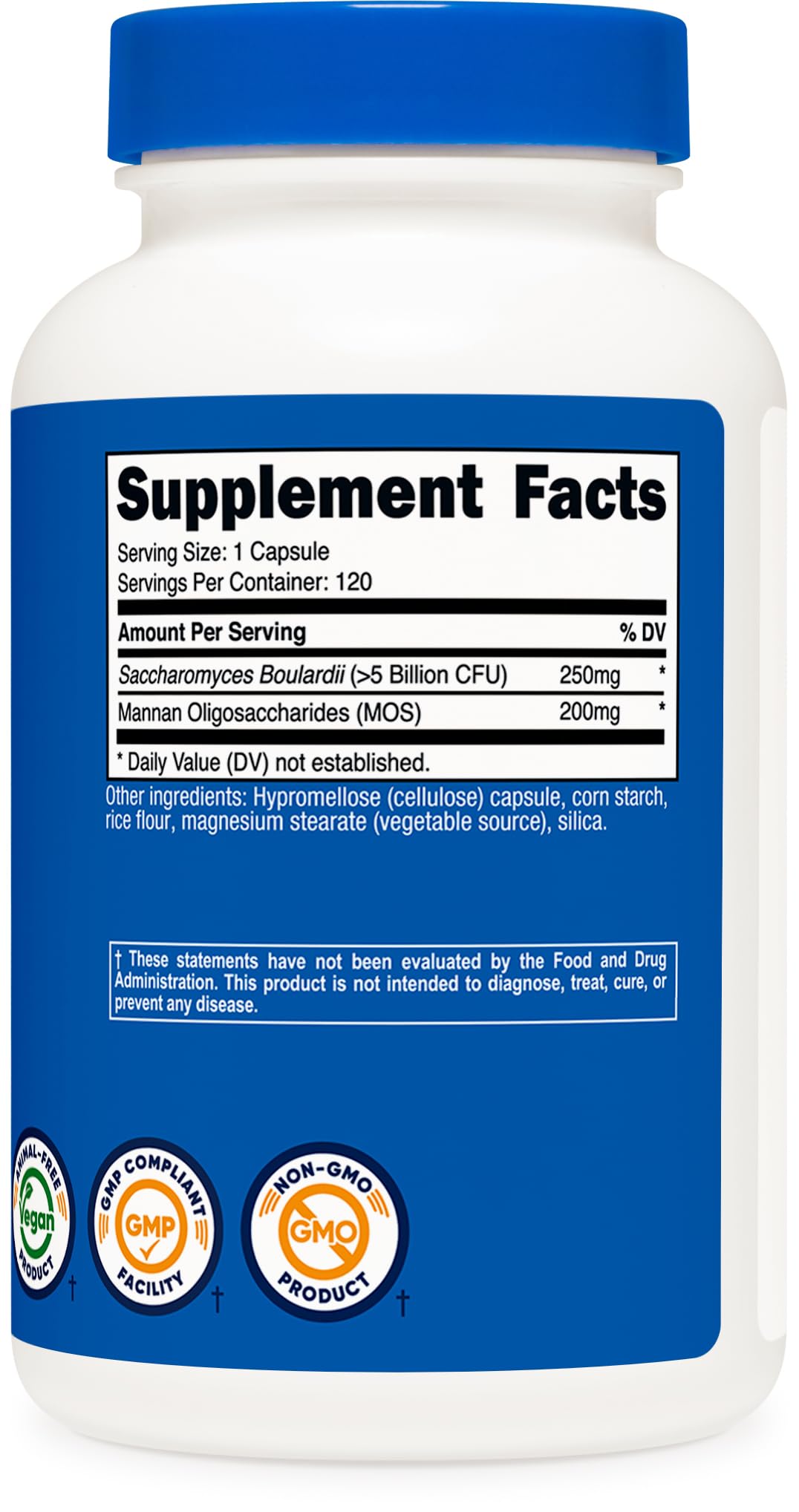 Nutricost Saccharomyces boulardii + MOS bottle features vegan and gluten-free icons.