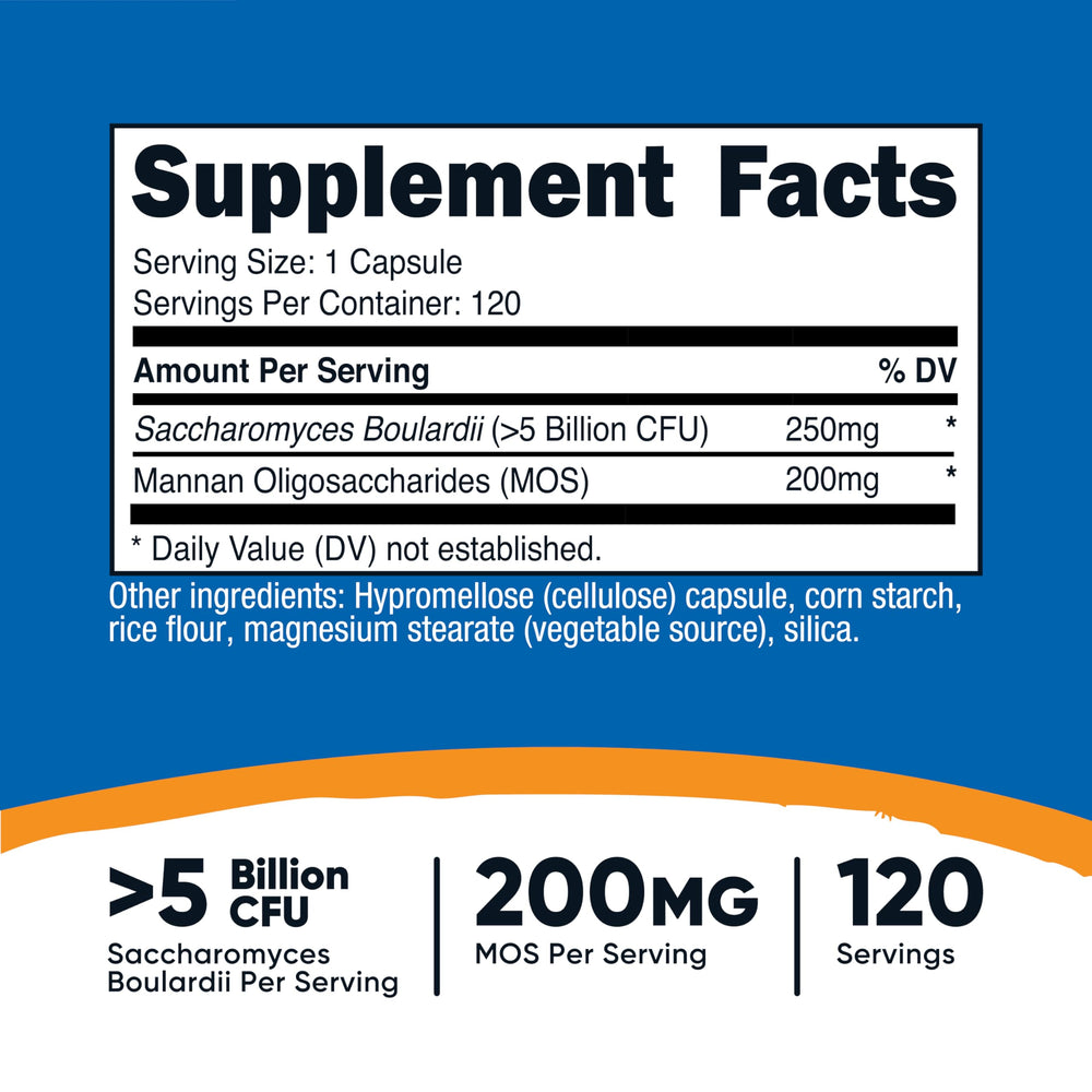 Nutricost Saccharomyces boulardii + MOS label shows capsule counts and vegan-friendly claim.