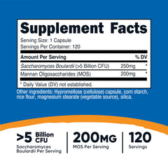 Nutricost Saccharomyces boulardii + MOS label shows capsule counts and vegan-friendly claim.