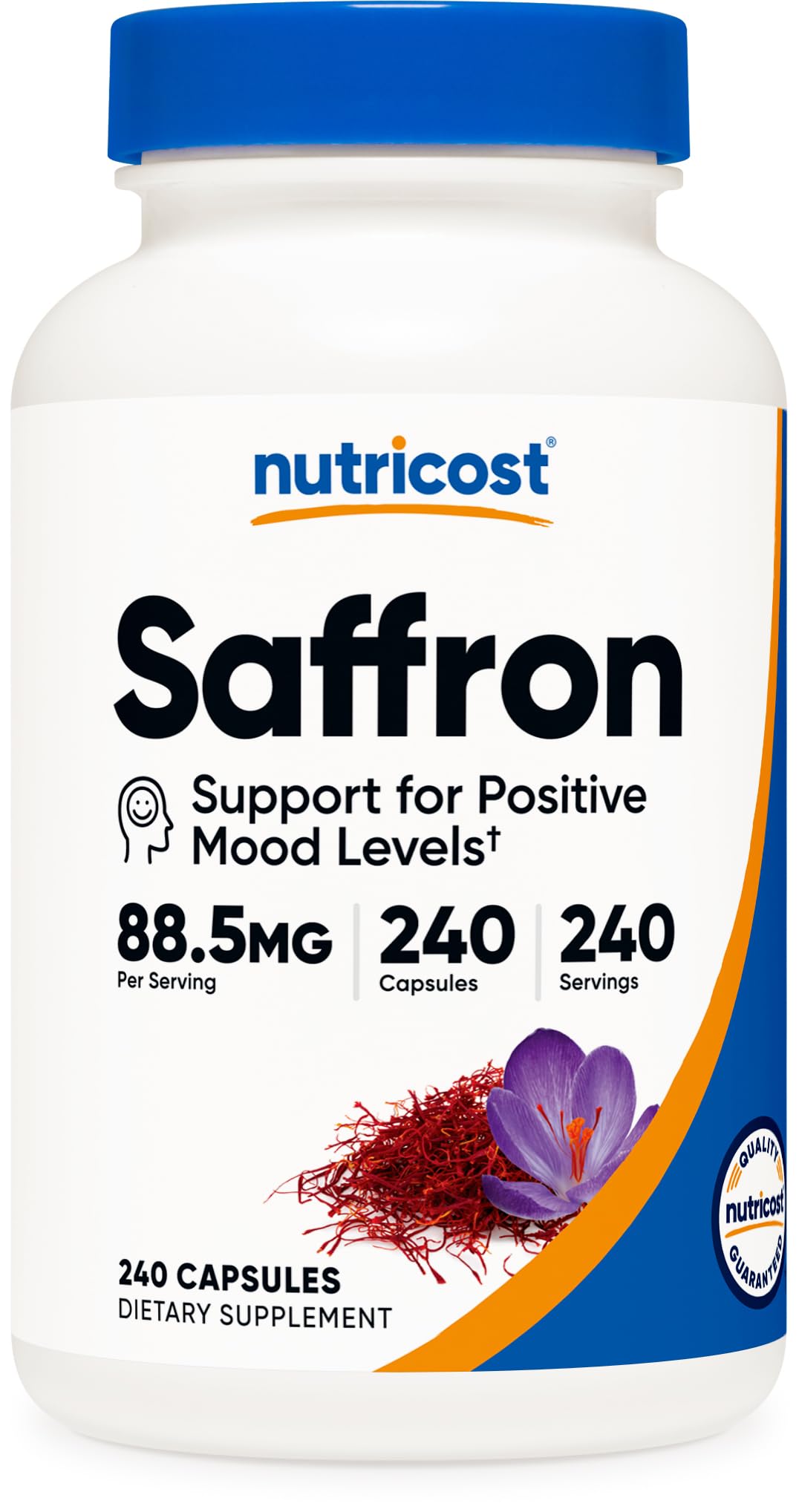 Nutricost saffron extract bottle front; 88.5mg per serving may support mood balance.