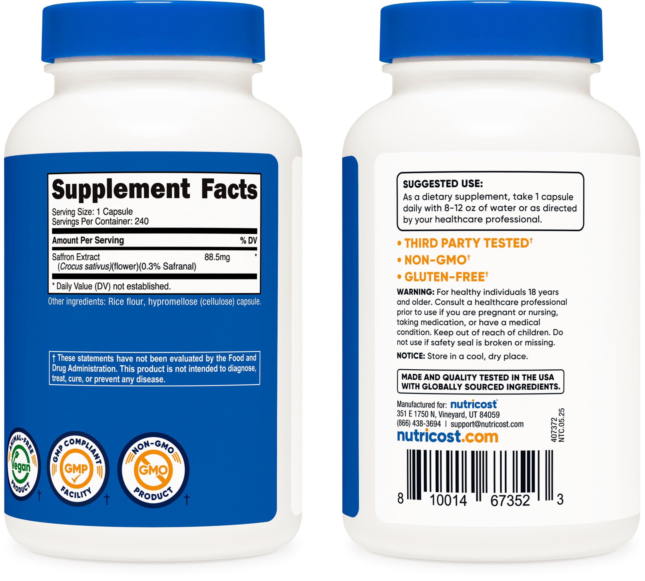 Nutricost saffron extract cap and pills; easy-to-swallow veggie capsules.