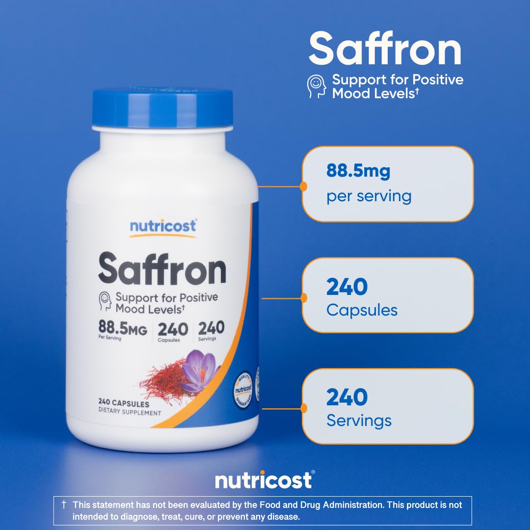 Nutricost saffron facility certifications display; manufacturing in certified facility.