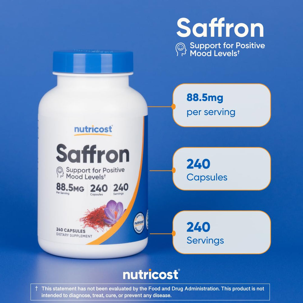 Nutricost saffron facility certifications display; manufacturing in certified facility.