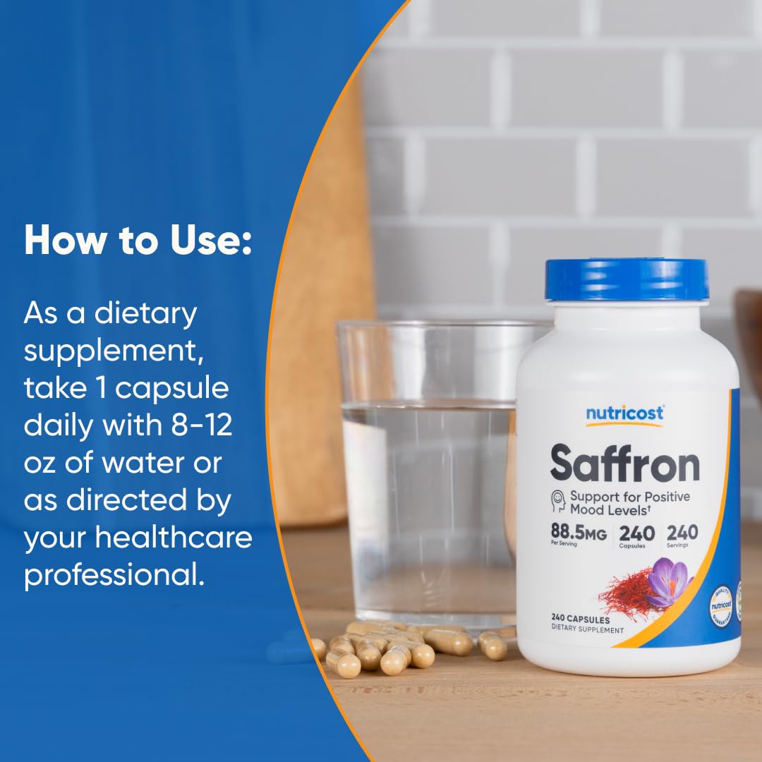 Nutricost saffron serving suggestion; 8-month supply on shelf.