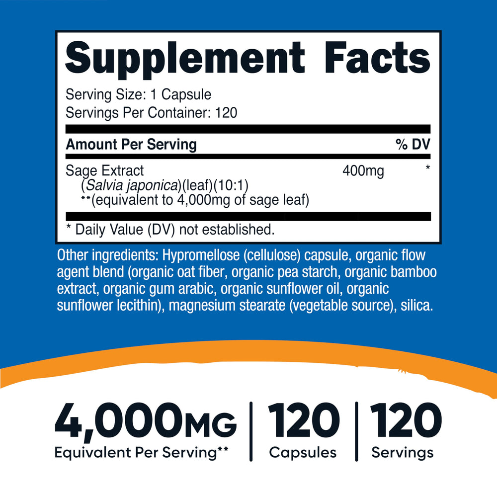 Close-up of Nutricost Sage Extract capsules showing 400 mg per serving and 10:1 concentration.