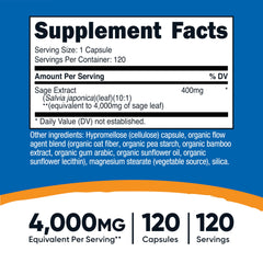 Close-up of Nutricost Sage Extract capsules showing 400 mg per serving and 10:1 concentration.