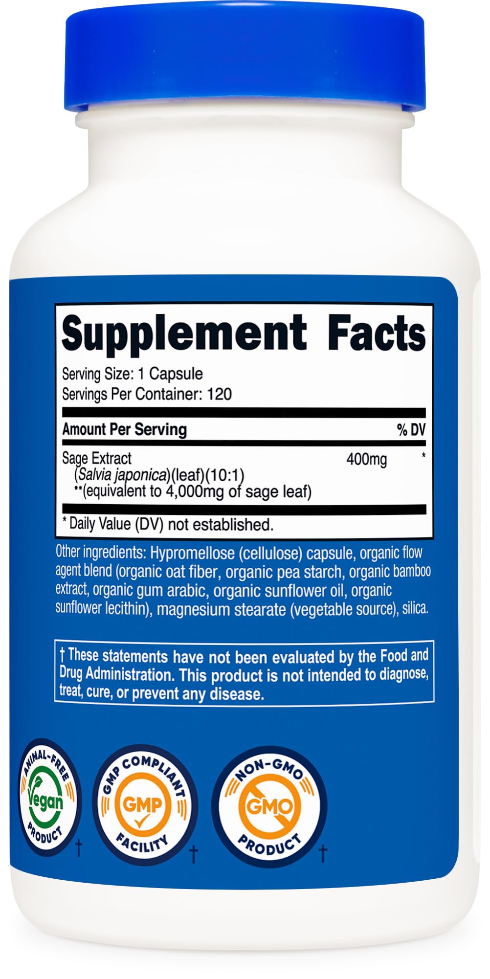 Nutricost Sage Extract packaging and facility badge showing quality manufacturing standards.