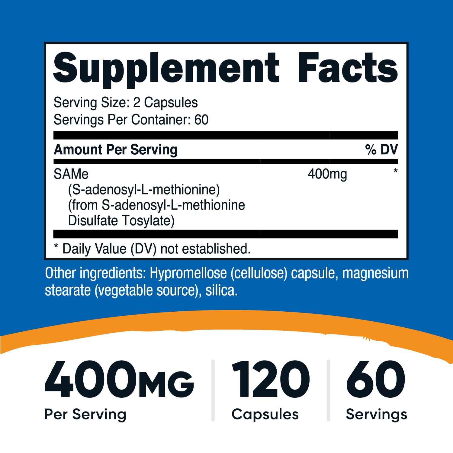 Nutricost SAM-e capsules close-up showing vegetarian capsules for easy swallowing.